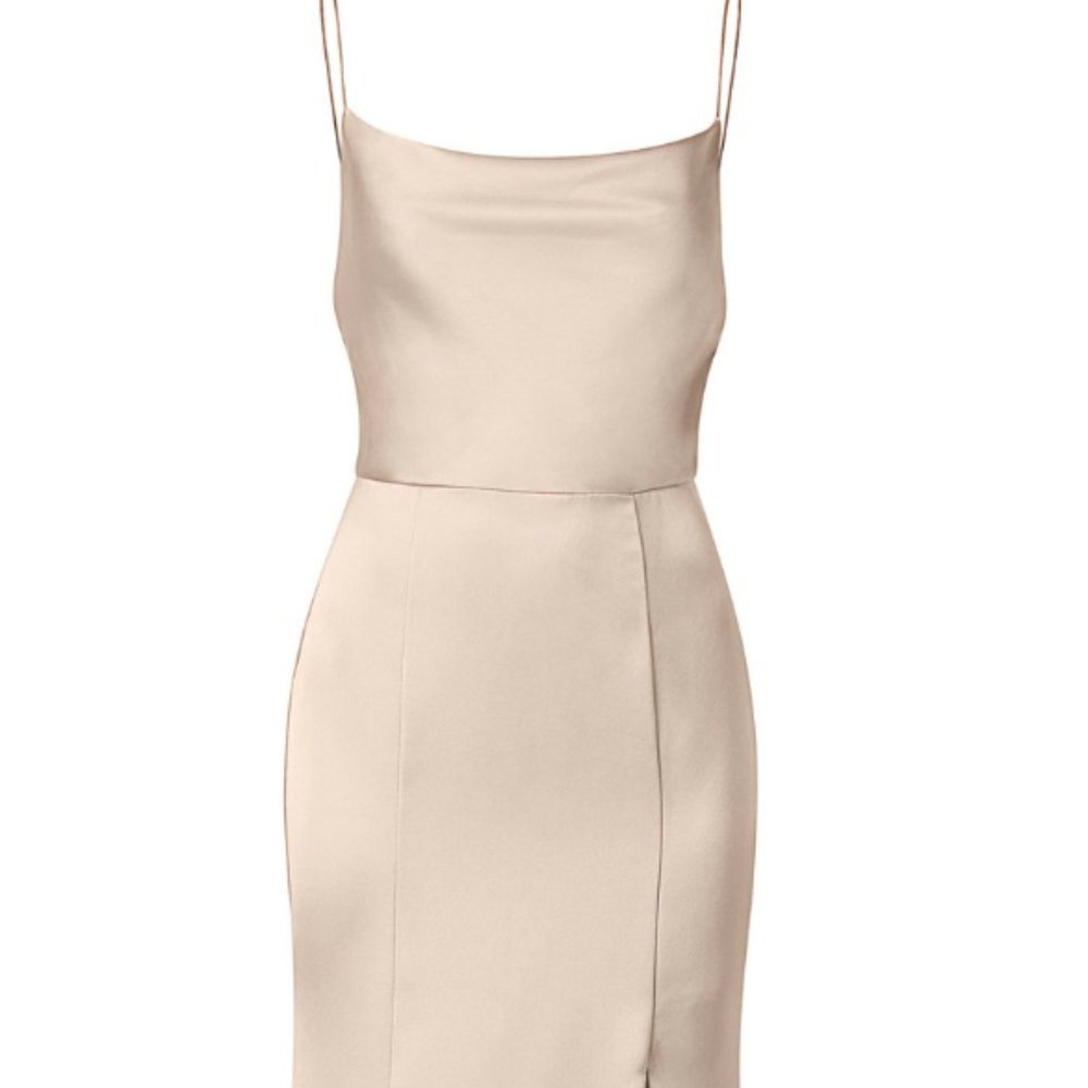 Amsale CHLOE GB131S in Champagne (Fluid Satin) Size 8 with Extra Length